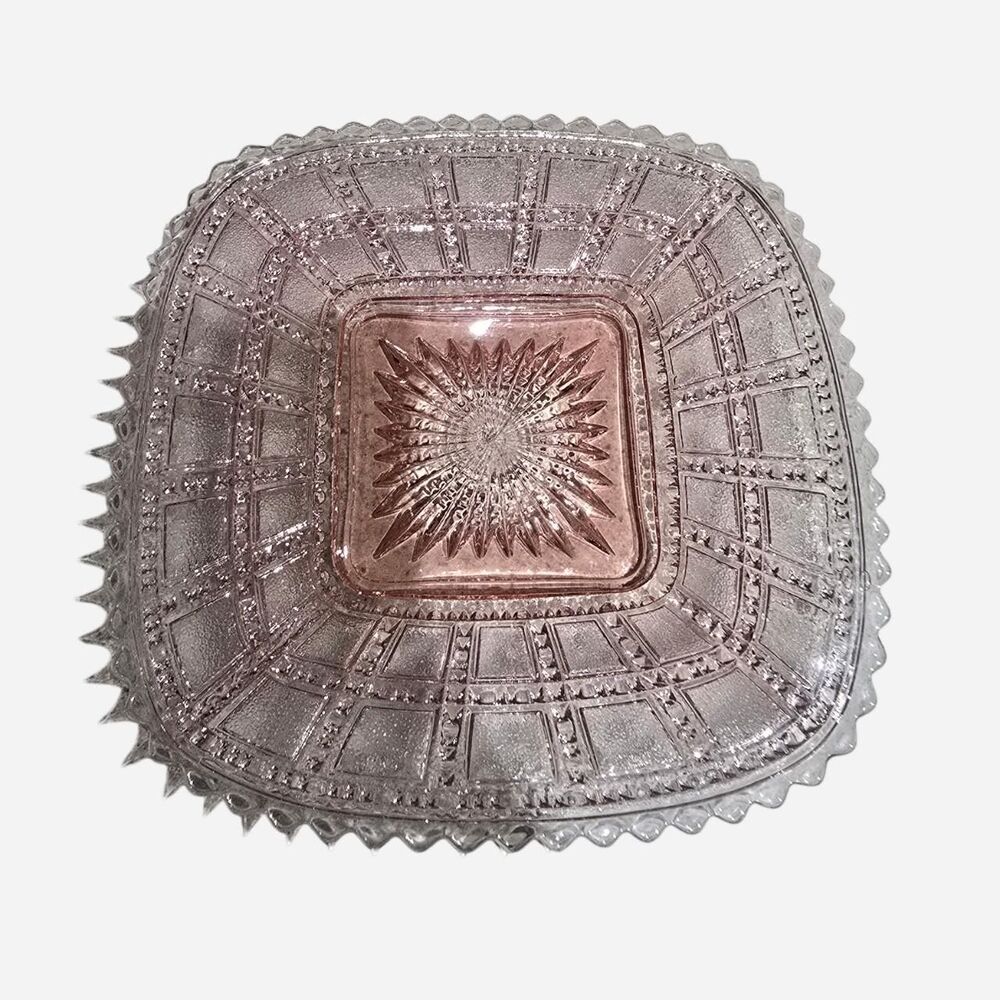Vintage Imperial Glass Pink Beaded Block Square Plate Bowl Depression Glass